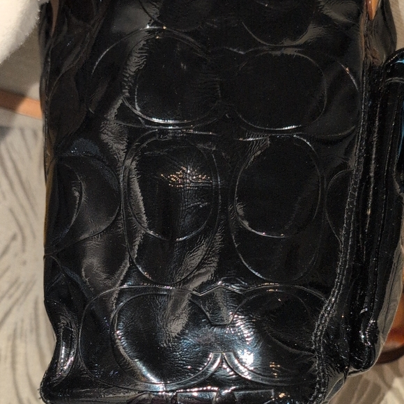 Coach Black Patent Leather Shoulder Bag with Tan Straps - Picture 16 of 16